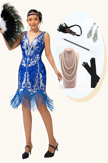 Sparkly Royal Blue Sequins Fringed 1920s Dress with 5-Piece Accessories Set